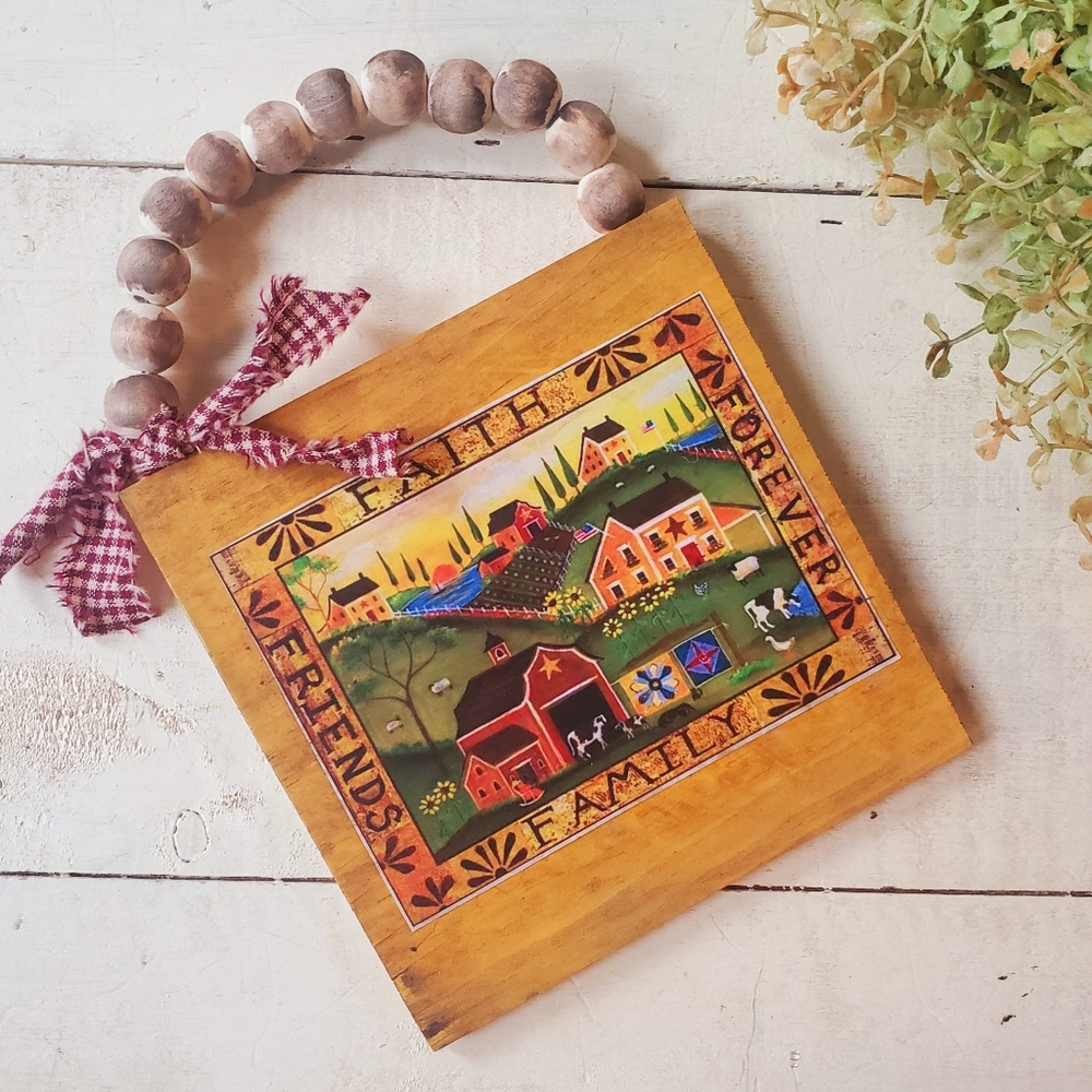 Rustic Folk Art Plaque with Beaded Handle
